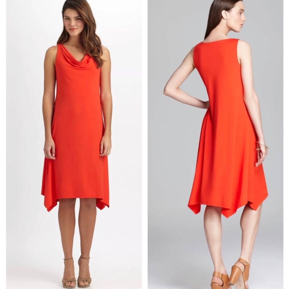Eileen Fisher Firefly Cowl Neck Asymmetrical Hem Red Orange Jersey Dress size PS
